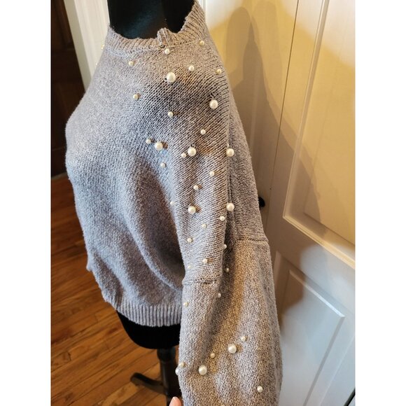 Gray Cropped Sweater Pearl Accent Belle L Feminine Dainty Embellished Fairy - Picture 4 of 6